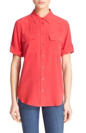 womens red short sleeve button down shirt