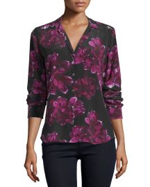 Equipment Adalyn Long-Sleeve Floral-Print Silk Shirt  True Black Hollyhock at Neiman Marcus