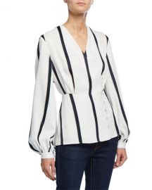 Equipment Alaine Striped Surplice-Neck Bishop-Sleeve Top at Neiman Marcus