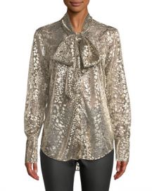 Equipment Luis Tie-Neck Long-Sleeve Metallic Leopard Burnout Blouse at Neiman Marcus