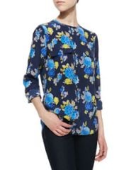 Equipment Lynn Floral-Print Blouse Peacoat-Blue at Neiman Marcus