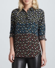 Equipment Slim Signature Spectrum Floral-Print Blouse Black Multi at Neiman Marcus