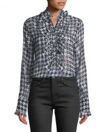 EquipmentSamine Ruffled-Bib Long-Sleeve Houndstooth Silk Blouse at Neiman Marcus