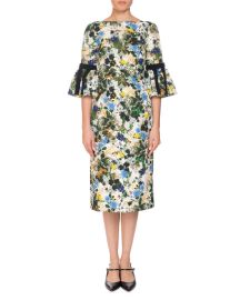 Erdem Alexandra Floral Meadow Pencil Dress w Grosgrain Ribbon Trim - at Bergdorf Goodman