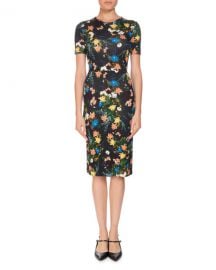 Erdem Essie Mariko Meadow Short-Sleeve Floral-Print Fitted Dress at Neiman Marcus