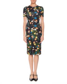 Erdem Essie Mariko Meadow Short-Sleeve Floral-Print Fitted Dress at Neiman Marcus