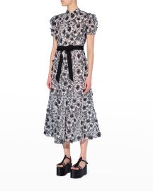 Erdem Lauren Belted Floral-Applique Organza Midi Dress at Neiman Marcus