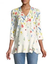 Escada 3 4-Sleeve V-Neck Floral-Print Top at Neiman Marcus