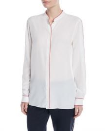 Escada Button-Front Long-Sleeve Silk Blouse w  Contrast Piping at Neiman Marcus