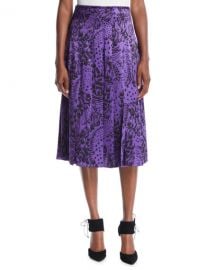 Escada Feather-Print Pleated Silk Satin Midi Skirt at Neiman Marcus