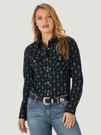 Essential Long Sleeve Western Snap Print Shirt in Black at Wrangler