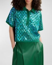 Essentiel Antwerp Glitz Sequin-Embroidered Short-Sleeve Polo Top at Neiman Marcus