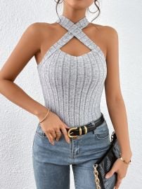 Essnce Women Slim-Fit Knitted Hollow Out Hole Strap Cross Strap Halter Tank Top USA at Shein