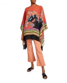 Etro Fringed Floral Fern Collage Poncho at Neiman Marcus