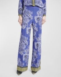 Etro High-Rise Bandana Border-Print Wide-Leg Silk Pull-On Pants at Neiman Marcus