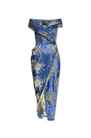 Etro Off the shoulder fringed floral brocade midi wrap dress at Cettire