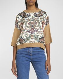 Etro Paisley Silk-Inset Wool Knit Top at Neiman Marcus