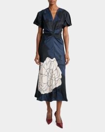 Eve Floral-Print Twill Gathered-Waist Midi Dress at Neiman Marcus