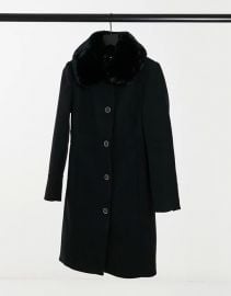 Ever New long coat with faux fur collar in black at Asos