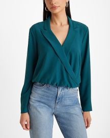 Express Collared V Neck Long Sleeve Faux Wrap Front Top in Deep Teal at Express