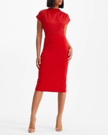 Express Draped Mock Neck Midi Sheath Dress in Lipstick Red at Express