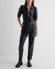 Express Faux Leather Puff Sleeve Tie Waist Straight Leg Jumpsuit at Express