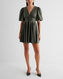 Express Faux Leather V Neck Puff Sleeve Mini Dress at Express