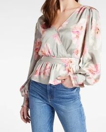 Express Floral Faux Wrap Tie Back Peplum Top at Express