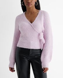 Express Fuzzy Ribbed Surplice Tie Sweater in Light Pink at Express