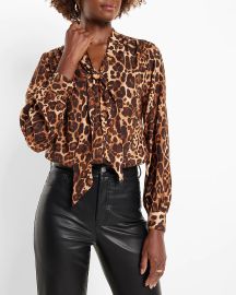 Express Leopard Print Long Sleeve Tie Neck Relaxed Portofino Shirt at Express