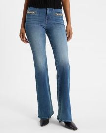 Express Mid Rise Medium Wash Horsebit FlexX 70s Flare Jeans at Express