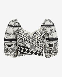 Express Printed Faux Wrap Puff Sleeve Cropped Top at Express