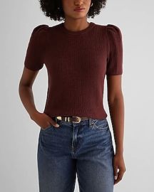 Express Ribbed Crew Neck Puff Sleeve Sweater at Express