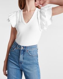 Express Ribbed V Neck Ruffle Sleeve Bodysuit at Express