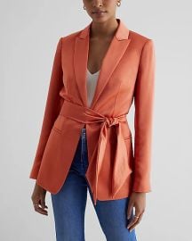 Express Satin Tie Waist Blazer in Apricot Orange at Express