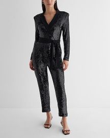 Express Sequin Long Sleeve Tie Waist Blazer Jumpsuit at Express