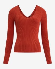 Express Silky Soft Fitted Ribbed Double V Neck Sweater in Cinnibar at Express