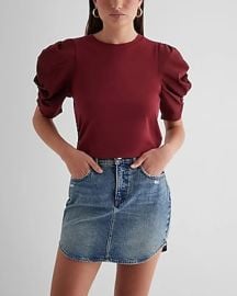 Express Skimming Crew Neck Poplin Ruched Puff Sleeve Tee at Express