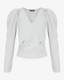 Express Solid Puff Sleeve V Neck Top at Express