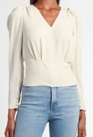 Express Solid Puff Sleeve V Neck Top in white at Express