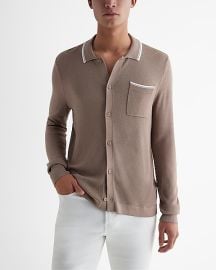 Express Stripe Tipped Pocket Sweater Polo in blush taupe 2629 at Express