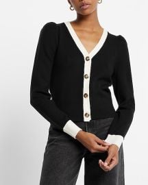 Express Tipped Novelty Button Puff Sleeve Cardigan at Express