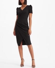 Express V Neck Puff Sleeve Faux Wrap Sheath Midi Dress at Express