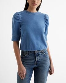 Express Washed Crew Neck Short Puff Sleeve Fleece Sweatshirt at Express