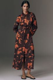 Exquise Long-Sleeve Satin Shirtdress at Anthropologie