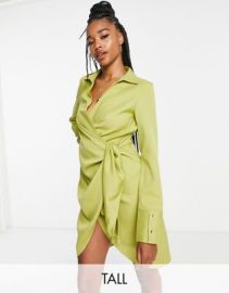 Extro Vert Tall wrap front mini dress in olive at ASOS