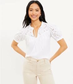 Eyelet Tie Neck Puff Sleeve Mixed Media Top at Loft