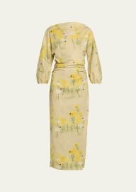 Ezra Floral Ruched Cotton 3/4-Sleeve Midi Dress at Bergdorf Goodman