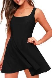 FANCYINN Women\'s Short V-Back Dress U-Neck Inslace Hem Wide Straps Tank Mini Skater Cocktail Dresses at Amazon