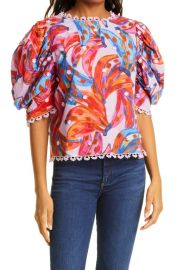 FARM Rio Colored Bananas Puff Sleeve Cotton Blouse in Lilac Size Small at Nordstrom